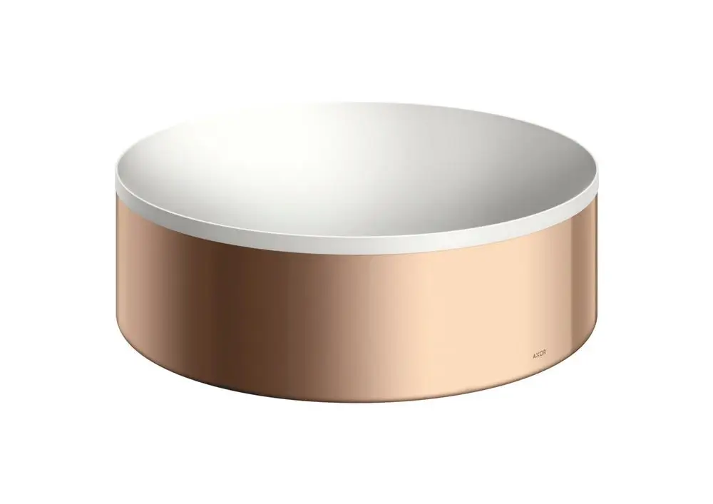 Runder Aufsatzwaschtisch in Polished Red Gold mit einer glatten, weißen Innenseite. Der Tisch hat keine Hahnloch- und Überlauföffnung. Ausführung von AXOR.